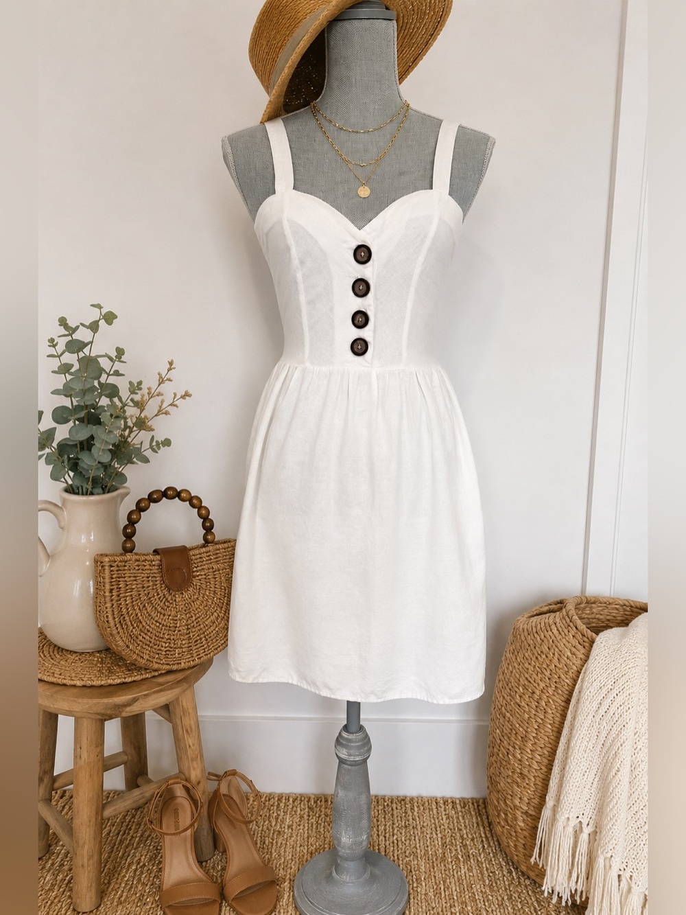 Classic White Button-Front Sundress | Cottagecore Beach Mini Dress